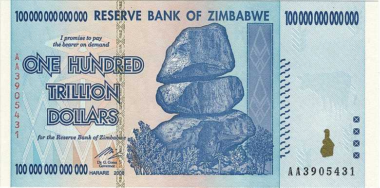 Een biljet van honderd biljoen Zimbabwaanse dollar